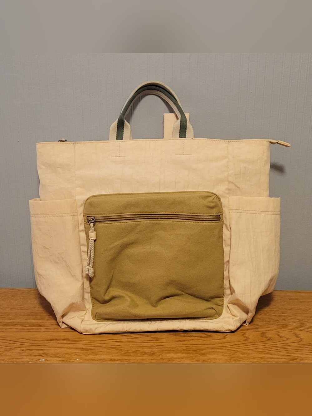 Canvas Daypack Backpack in Cream with Olive Front Pocket